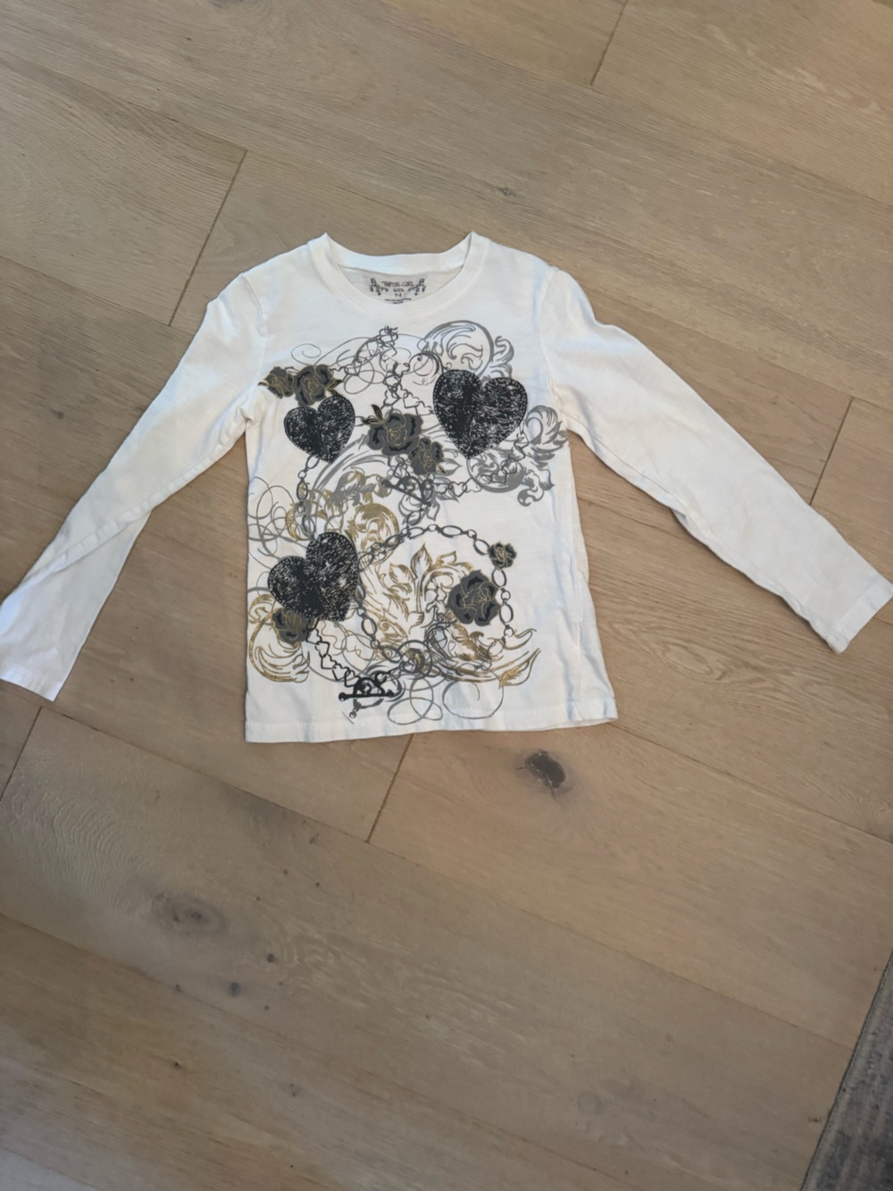 total girl White Long-Sleeve Top with Black Glitter Hearts & Gold Accents